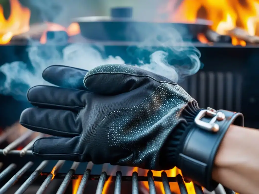 Guantes de barbacoa negros de alta tecnología: estilo y protección Un par de guantes asador alto rendimiento en negro, detallados y resistentes, con logo sutil, contra humo y marcas de parrilla