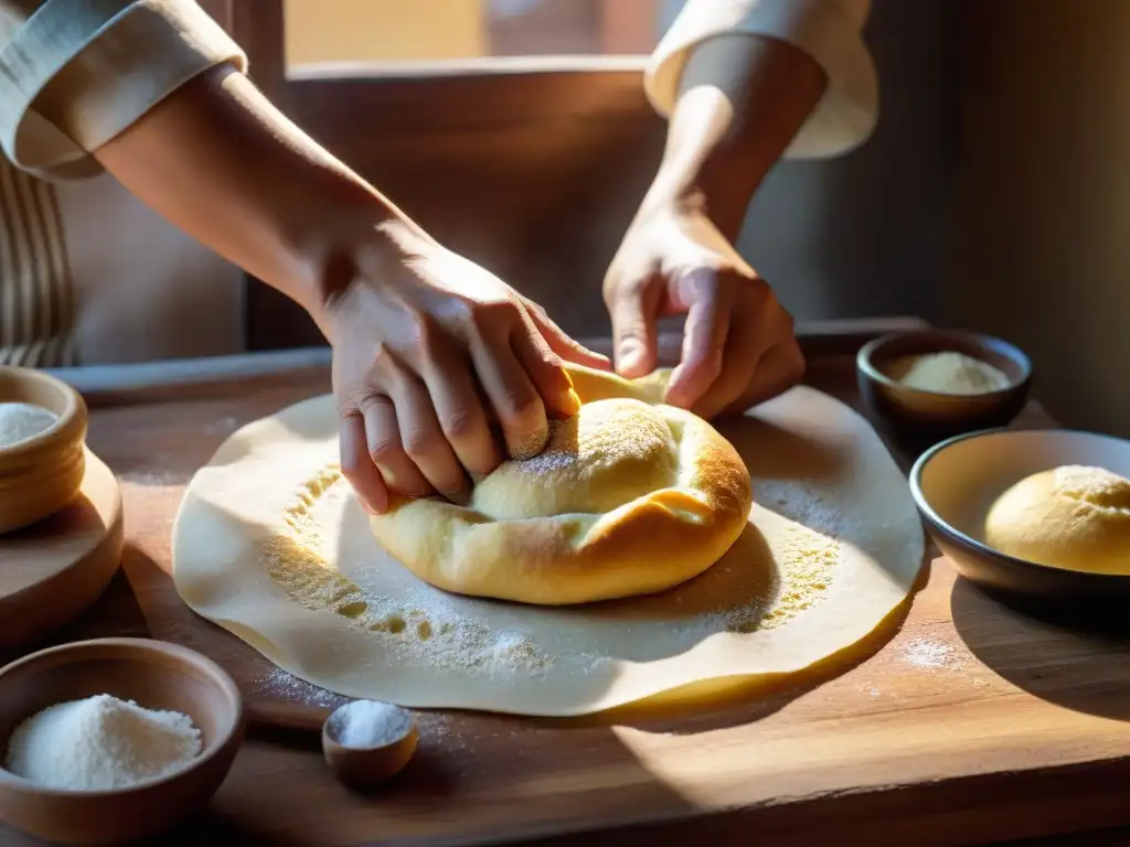 Un par de manos expertas amasan una masa dorada para tortas fritas uruguayas, con harina esparcida y un rodillo rústico cerca