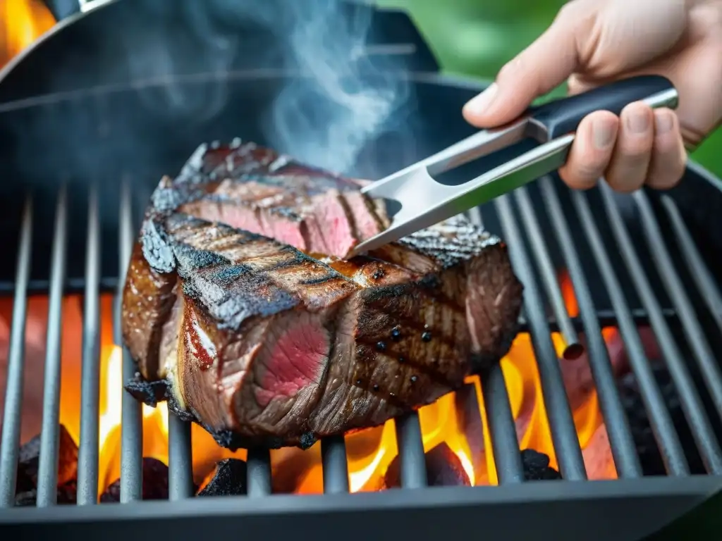 Un par de pinzas para asado recomendadas, relucientes al sol, volteando un filete perfectamente sellado en la parrilla