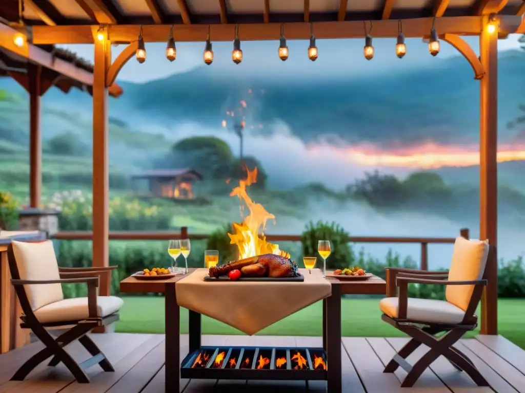 Un paraíso culinario: asado uruguayo en jardín con parrilla, luces y flores