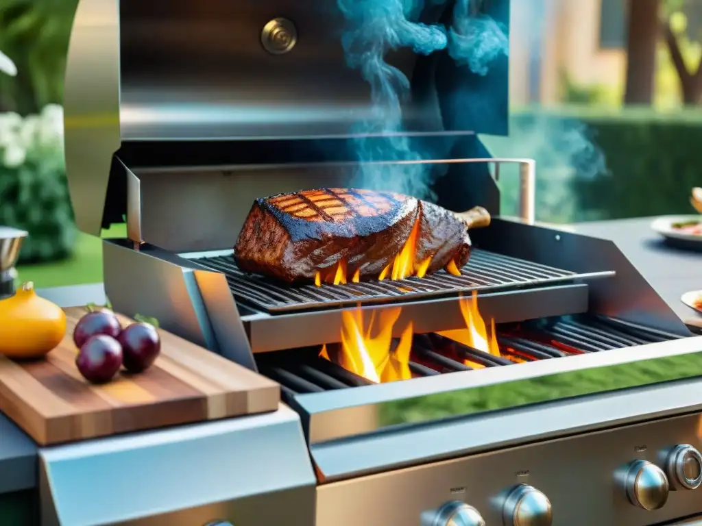 Parrilla de acero inoxidable de alta gama reluciendo bajo el sol en un jardín exuberante, listo para una experiencia de asado sofisticada y elegante