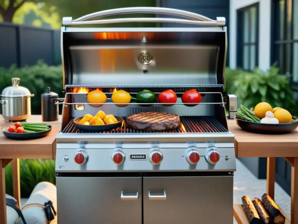 Un parrilla de acero inoxidable de alta gama reluciendo al sol en un entorno impecable, lista para una experiencia de parrillada segura y sofisticada