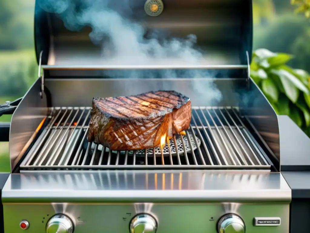 Una parrilla de acero inoxidable de alta gama brilla bajo el sol, rodeada de vegetación vibrante con un jugoso filete cocinándose