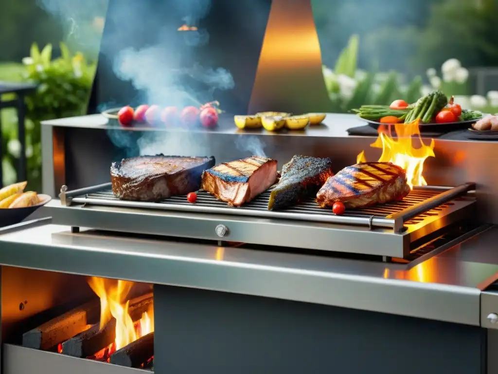 Una parrilla de acero inoxidable de alta gama en un lujoso entorno al aire libre, sizzling con un asado exquisito y envuelta en humo tentador