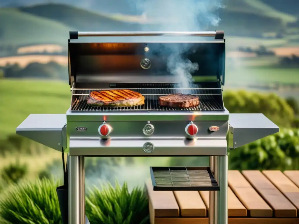 Una parrilla de acero inoxidable en el campo uruguayo, listo para un asado