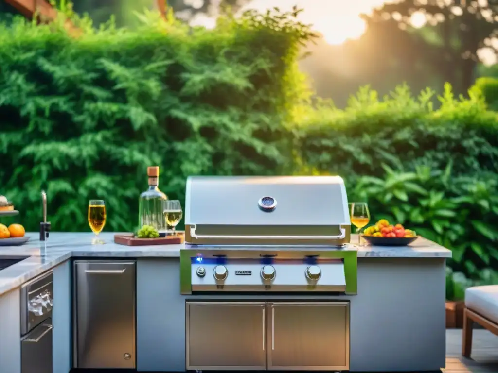 Parrilla de acero inoxidable de lujo en cocina exterior elegante Parrilla de acero inoxidable de lujo en cocina exterior elegante con iluminación LED, ideal para parrillas alta gama espacios pequeños
