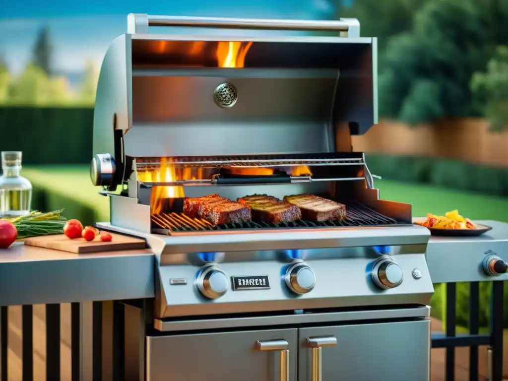 Una parrilla de acero inoxidable de lujo en un jardín verde, con cielo azul