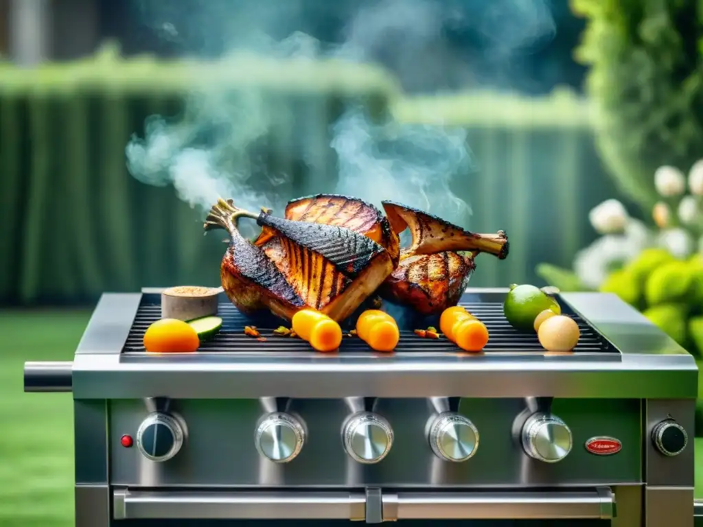 Una parrilla de acero inoxidable reluciente en un jardín verde, con carne asándose al fondo