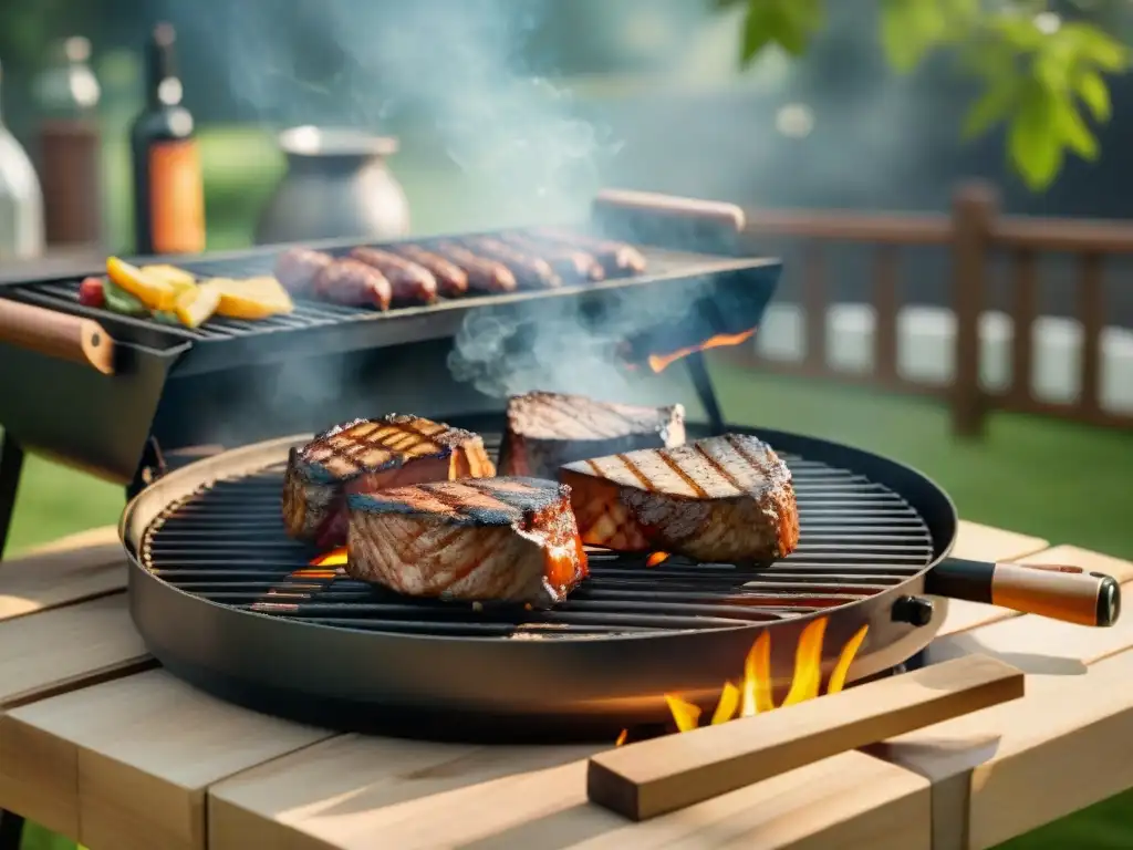 Una parrilla al aire libre con carbón incandescente y jugosos filetes, en un entorno acogedor y natural