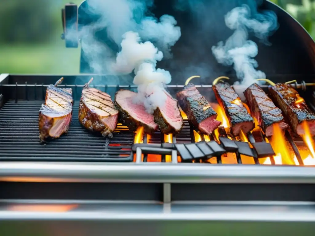 Una parrilla al aire libre rodeada de exuberante vegetación, con cortes de carnes locales e internacionales marinadas sizzling en la parrilla