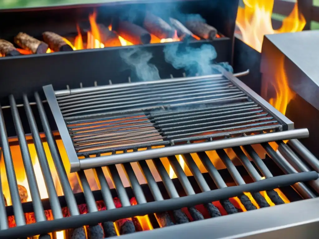 Una parrilla alta gama de acero inoxidable reluciente al sol, lista para un asado uruguayo, rodeada de herramientas de calidad