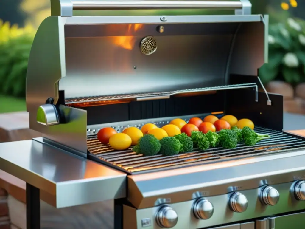 Una parrilla de alta gama de acero inoxidable reluciente bajo el sol en un entorno exterior impecable