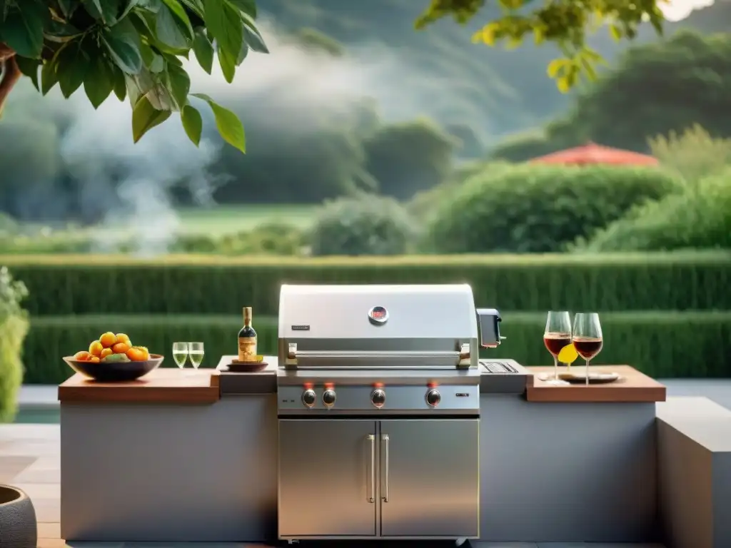 Parrilla de lujo: diseño elegante y sofisticado en Uruguay Parrilla de alta gama en Uruguay con diseño de acero inoxidable, detalles avanzados y ambiente lujoso en el patio
