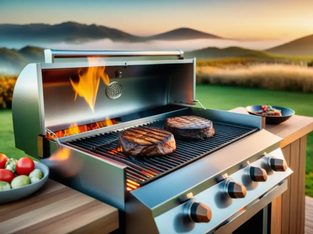 Parrilla premium de acero inoxidable en atardecer uruguayo Parrilla de alta gama en Uruguay: elegancia y artesanía premium al atardecer