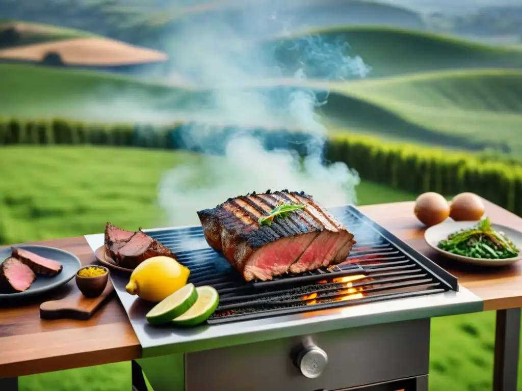 Una parrilla de alta gama en un asado uruguayo con amigos, rodeada de naturaleza exuberante