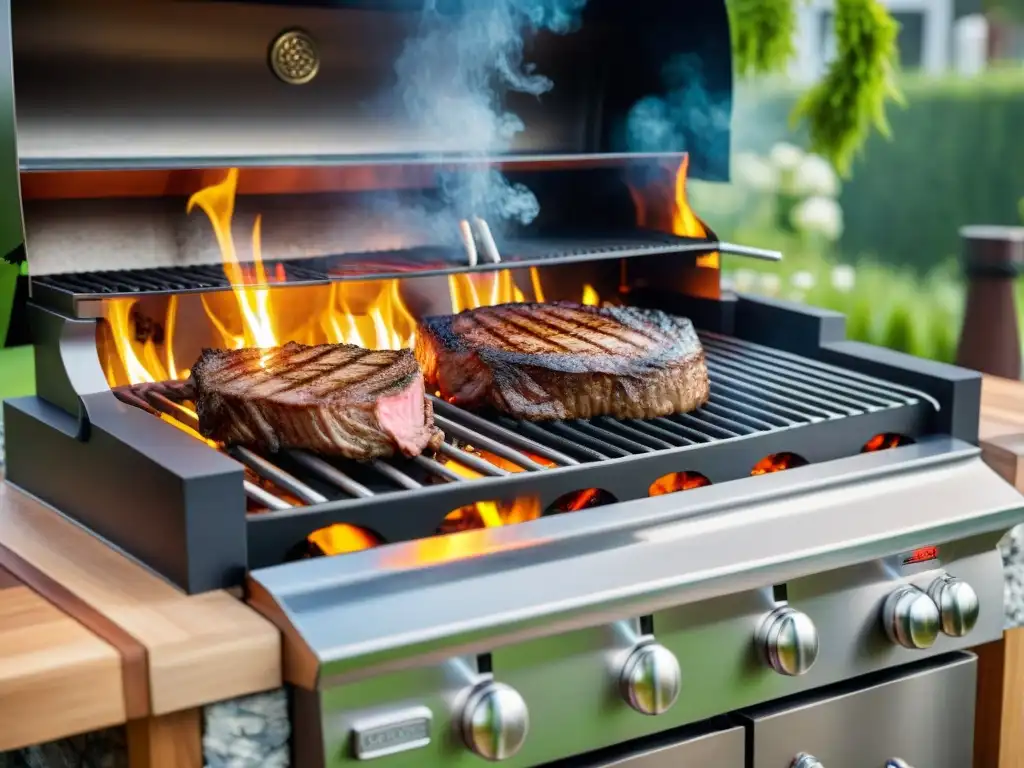 Parrilla de alta gama asado: Un grill moderno y elegante brillando al sol con un suculento filete cocinándose a la perfección