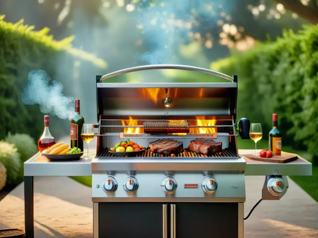 Parrilla de alta gama asado: una imagen detallada de una parrilla de acero inoxidable brillando al sol en un elegante jardín al atardecer