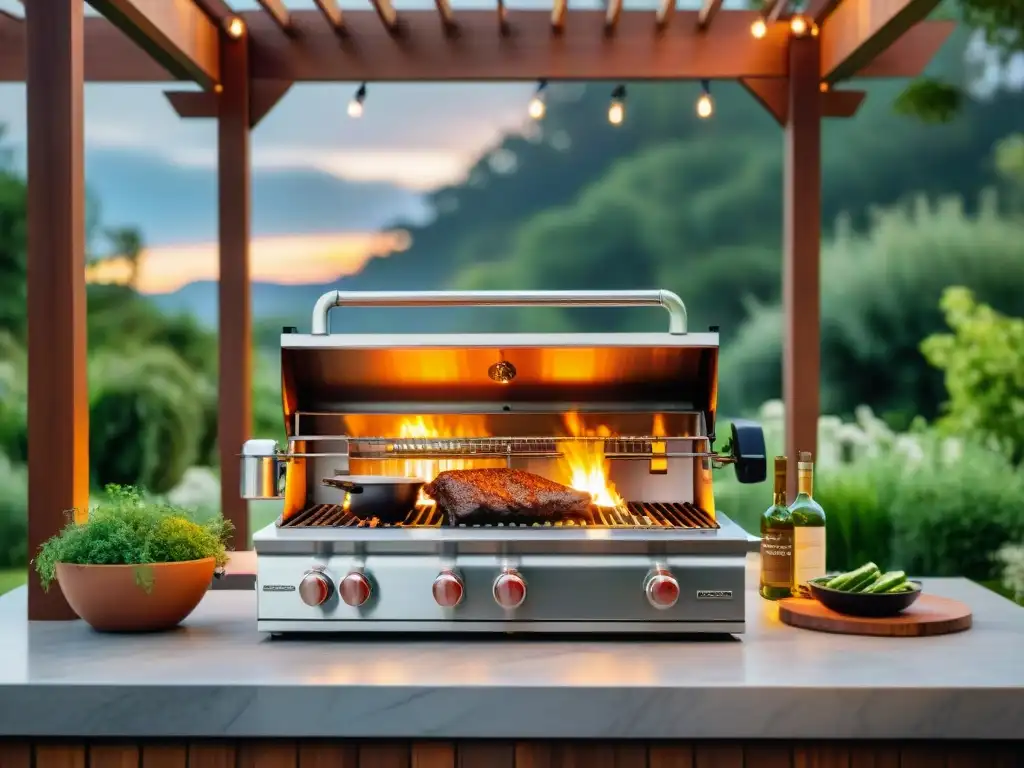 Una parrilla de alta gama asado en un lujoso jardín paisajístico al atardecer