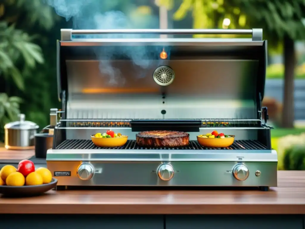 Parrilla de alta gama asado brillando al sol en elegante entorno de jardín lujoso