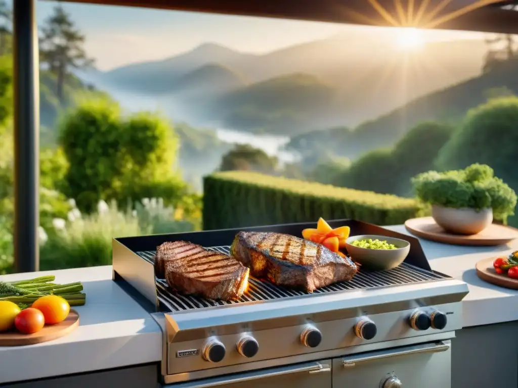 Una parrilla de alta gama asado en un lujoso entorno de cocina exterior con vista a un exuberante jardín al atardecer