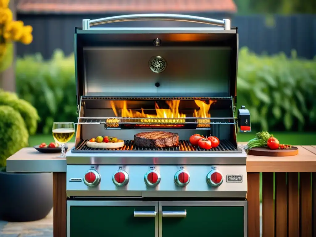 Parrilla de alta gama asado en jardín lujoso, detallada y reluciente al sol, prometiendo una experiencia de asado impecable