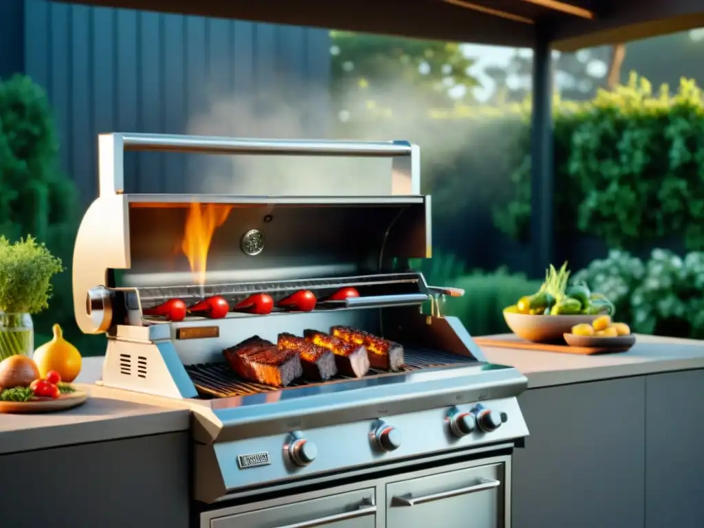 Una parrilla de alta gama brillante en un elegante patio, listo para un asado exquisito