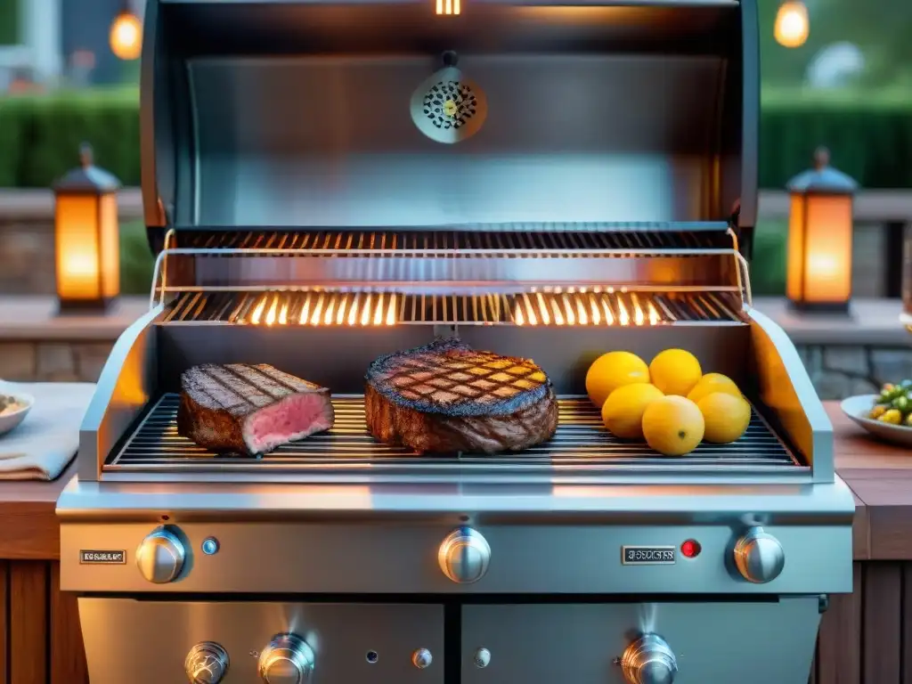Parrilla de alta gama brillando bajo el cielo nocturno, con diseño en acero inoxidable y deliciosos cortes asados
