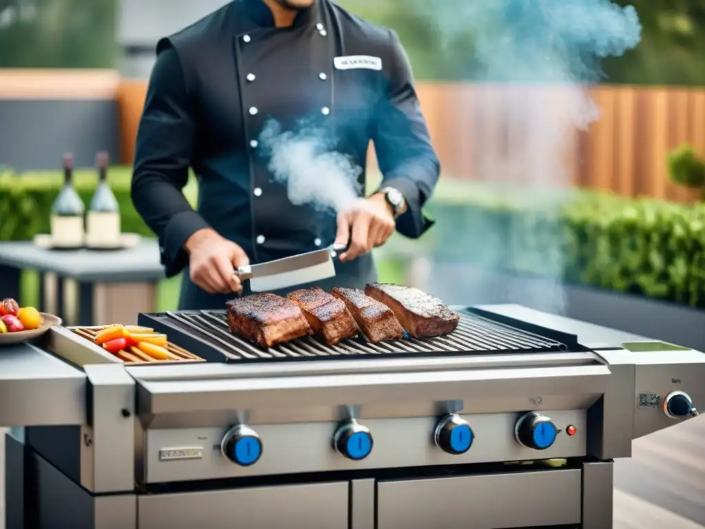 Una parrilla de alta gama tecnología con diseño elegante y funciones avanzadas, en un lujoso patio con chef y comensales impresionados