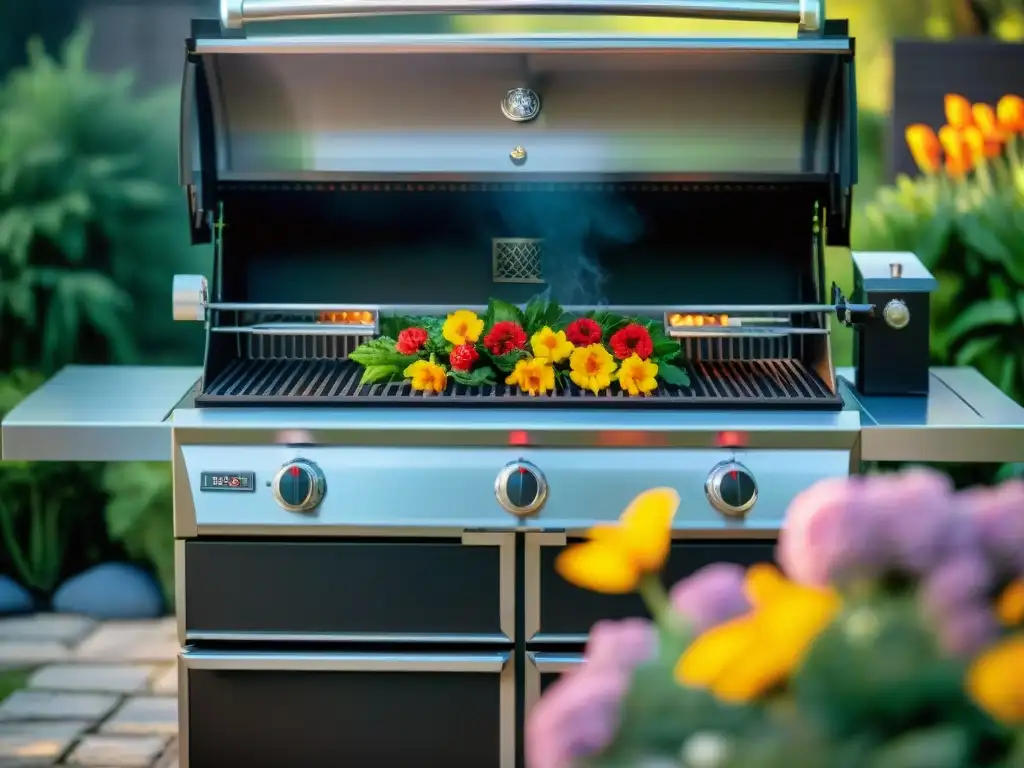 Una parrilla de alta gama duradera brilla bajo el sol en un lujoso jardín paisajístico