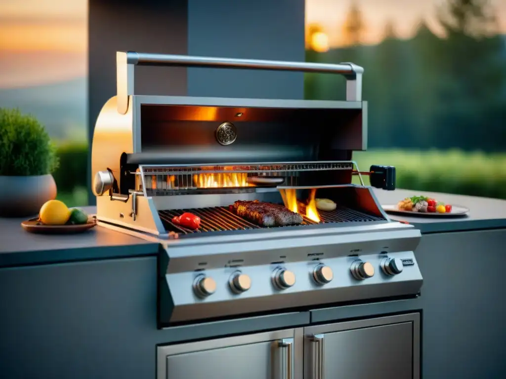 Parrilla de alta gama duradera en cocina exterior elegante al atardecer, resaltando detalles lujosos