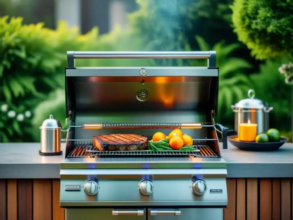 Una parrilla de alta gama ecofriendly brilla bajo el sol en un elegante patio exterior