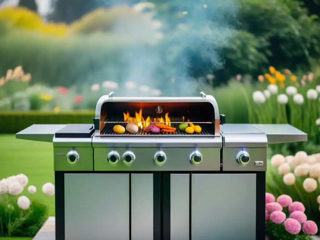 Una parrilla de alta gama ecofriendly destaca en un jardín exuberante y colorido