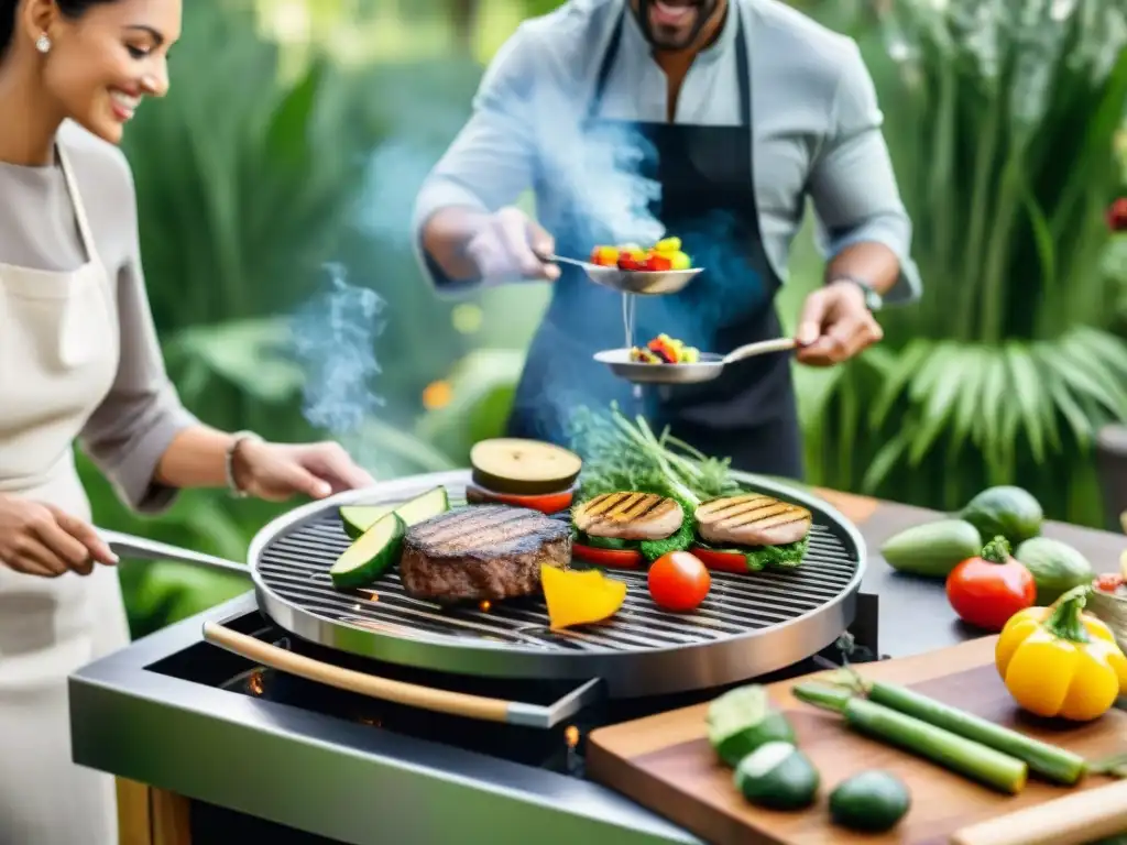 Una parrilla de alta gama ecofriendly en un jardín exuberante donde amigos disfrutan de una comida al aire libre