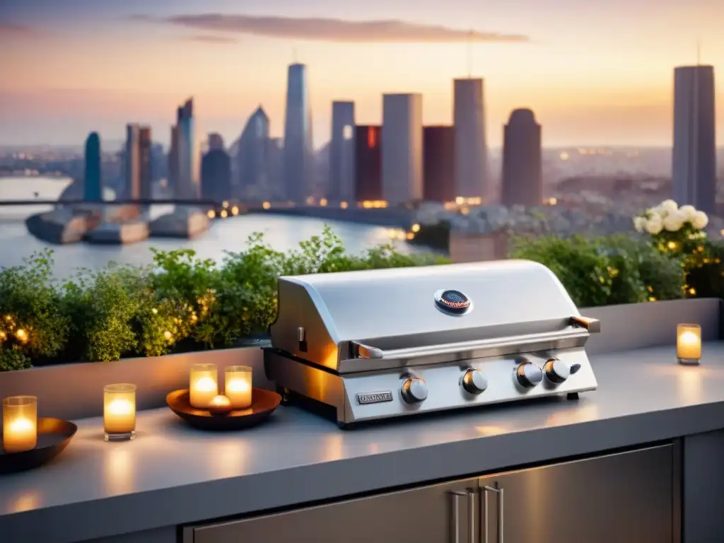 Asador de acero inoxidable para terraza moderna al atardecer Una parrilla de alta gama para espacios pequeños en una terraza de lujo al atardecer