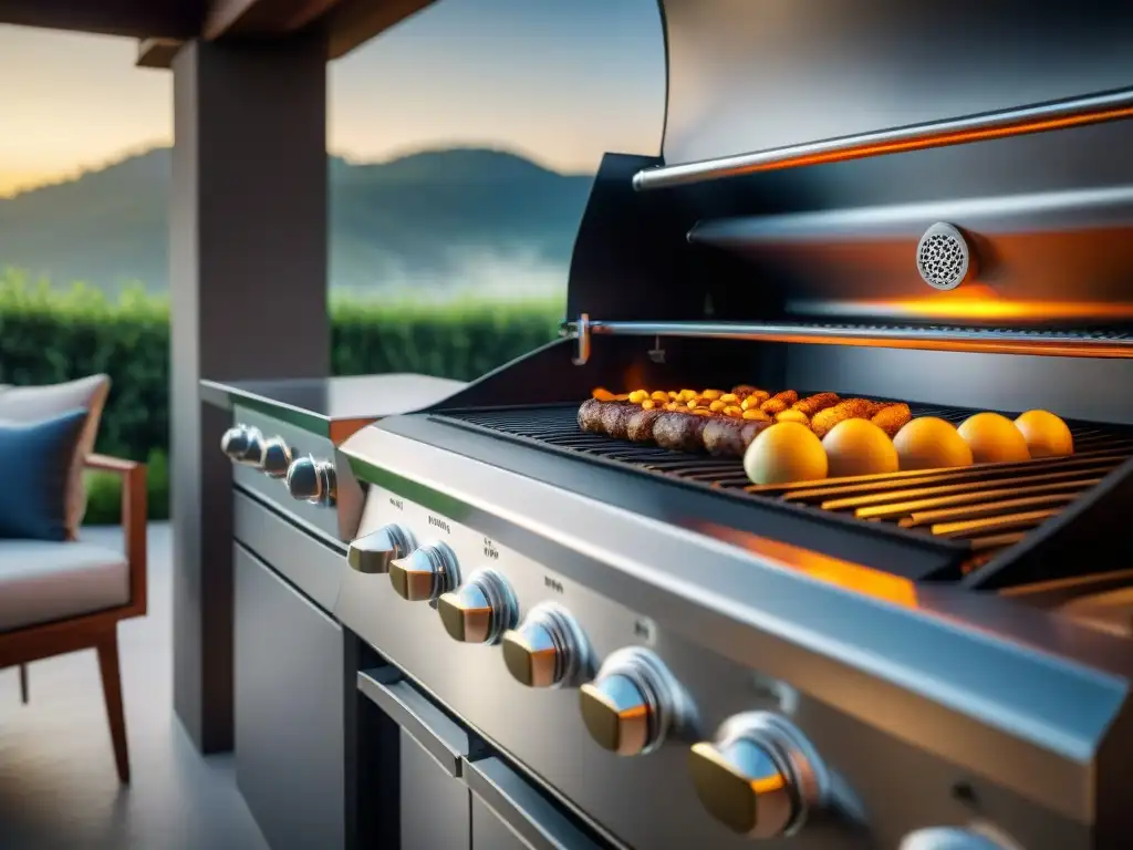 Una parrilla de alta gama exclusiva en un lujoso entorno de cocina al aire libre al atardecer