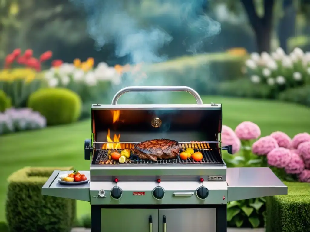 Parrilla de alta gama en un jardín exuberante, humeante y lujosa para un asado uruguayo auténtico