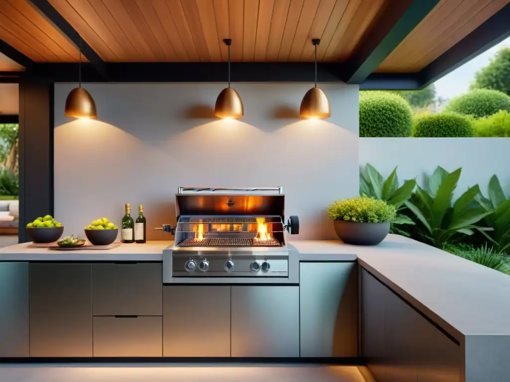 Cocina exterior de lujo integrada con parrilla premium de acero inoxidable Una parrilla de alta gama integrada en un espacio exterior compacto con elementos modernos y acogedor ambiente