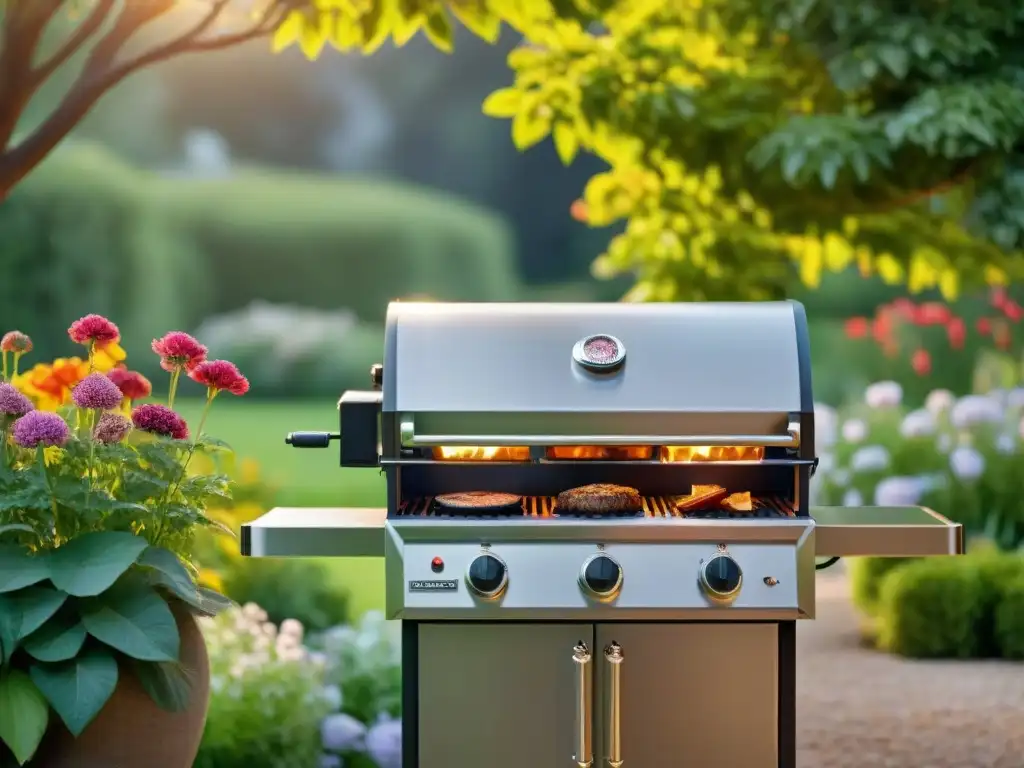 Una parrilla de alta gama en un jardín exuberante al atardecer, resplandeciendo bajo la luz dorada