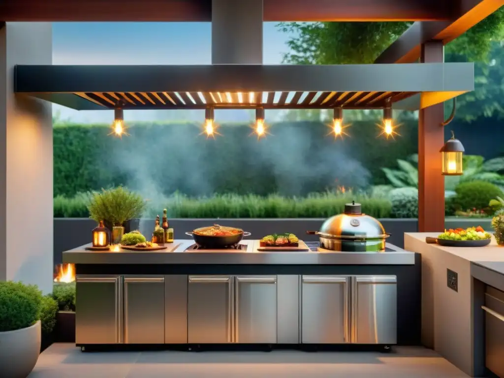 Una parrilla de alta gama en un lujoso patio exterior en Uruguay con luces brillantes y mobiliario elegante