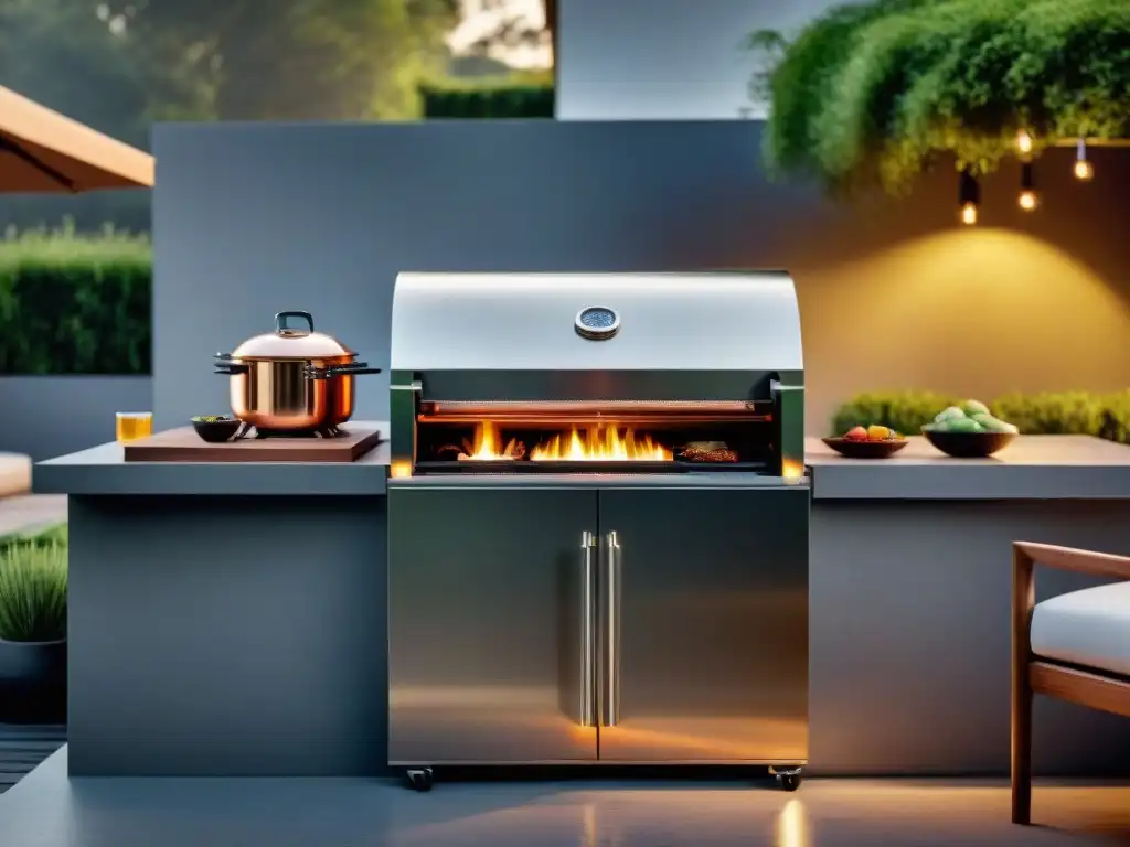Grill de lujo en patio uruguayo Una parrilla de alta gama en un lujoso patio al aire libre en Uruguay, rodeada de muebles elegantes y exuberante vegetación