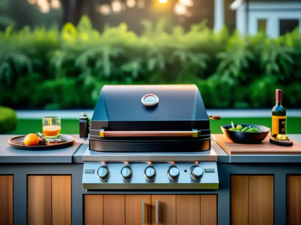 Una parrilla de alta gama en un lujoso patio trasero, evocando sofisticación y relax