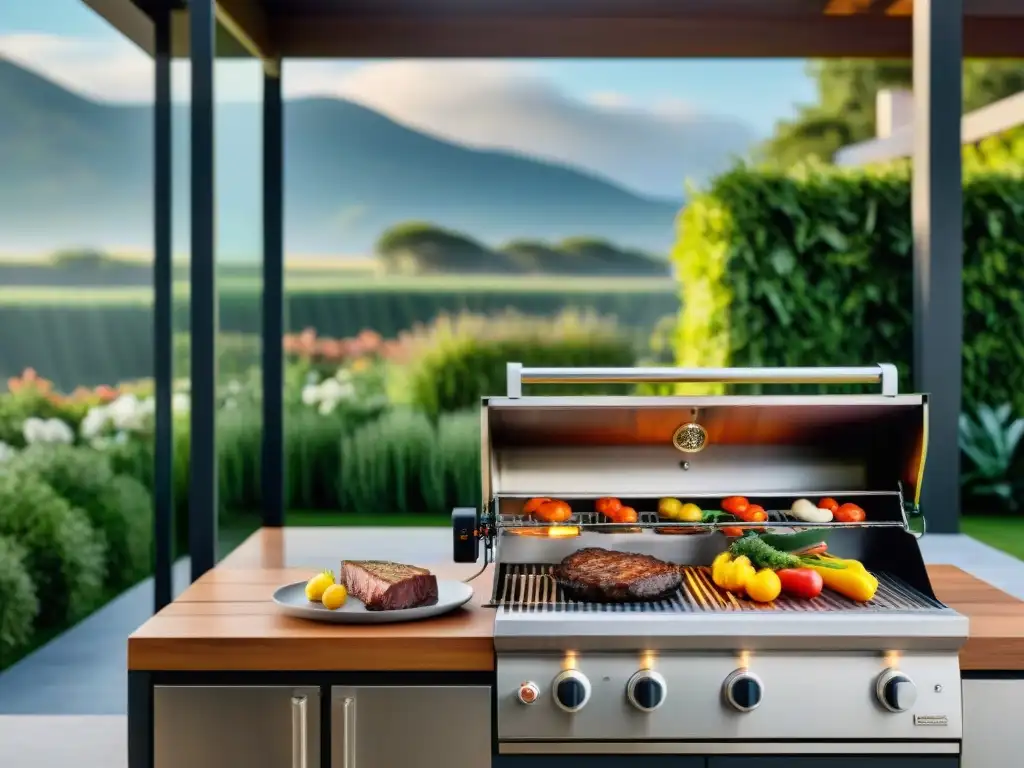 Parrilla de acero inoxidable en patio de lujo en Uruguay Parrilla de alta gama en patio lujoso de Uruguay con ingredientes gourmet listos para cocinar