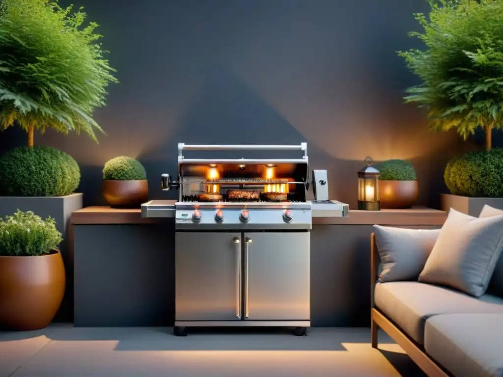 Grill de lujo en patio moderno Parrilla de alta gama en un patio moderno y elegante, ideal para espacios pequeños