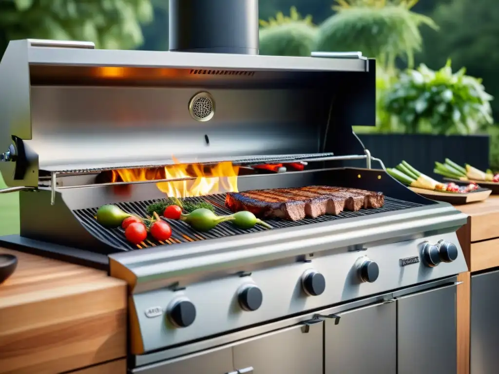 Una parrilla de alta gama reluciente bajo el sol, con detalles de acero inoxidable, indicadores de temperatura y funciones innovadoras