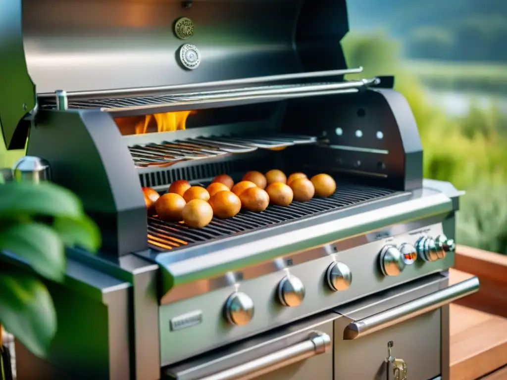 Una parrilla de alta gama reluciente al sol, detallada y mantenida con cuidados parrilla alta gama