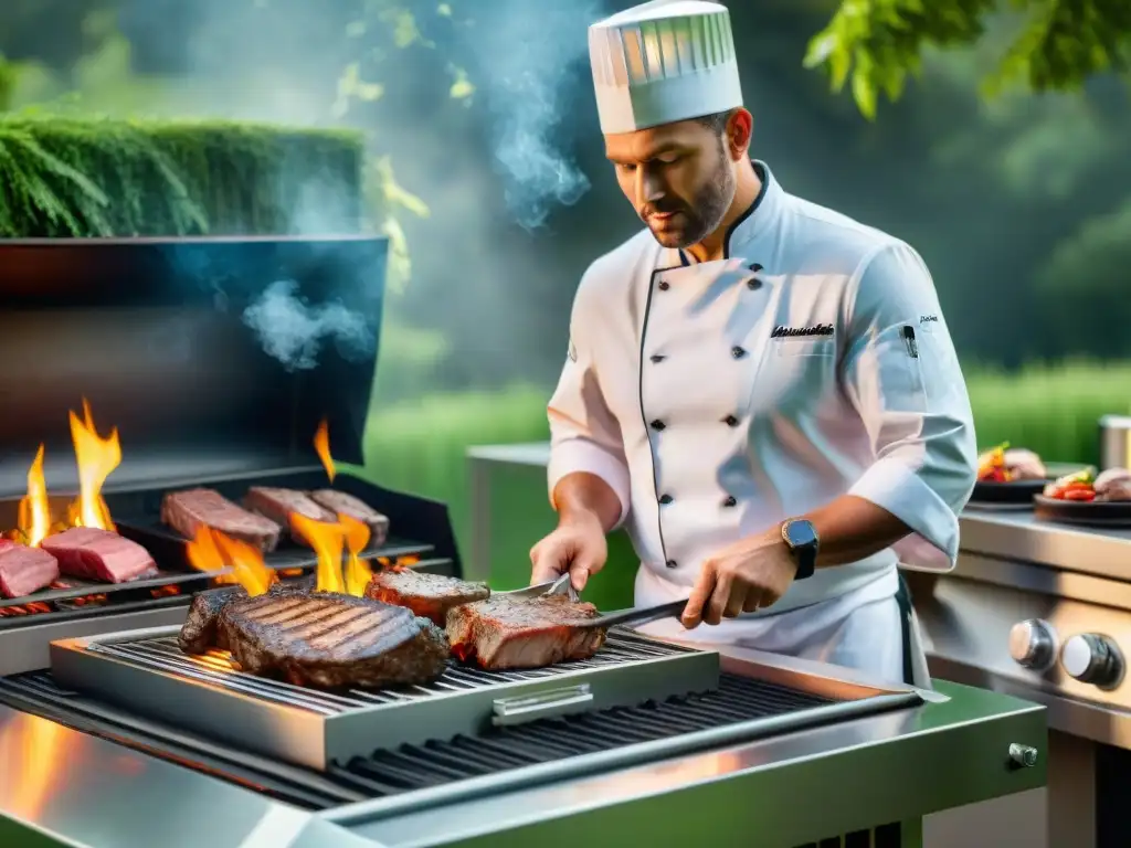 Una parrilla de alta gama reluciente bajo el sol, rodeada de exuberante vegetación y filetes perfectamente cocidos, emitiendo un aroma tentador