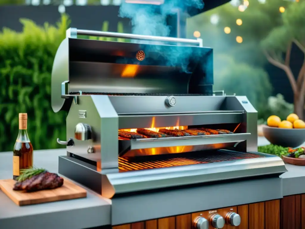 Barbacoa de lujo en Uruguay: parrilla de acero inoxidable bajo el sol Una parrilla de alta gama en Uruguay, brillando bajo el sol en un lujoso patio al aire libre, rodeada de exuberante vegetación