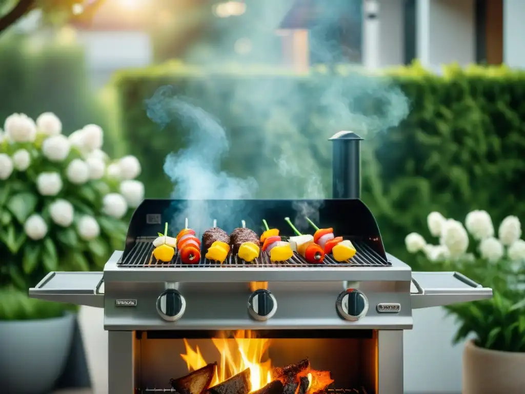 Una parrilla de alta gama brilla al sol en un jardín exuberante con flores vibrantes