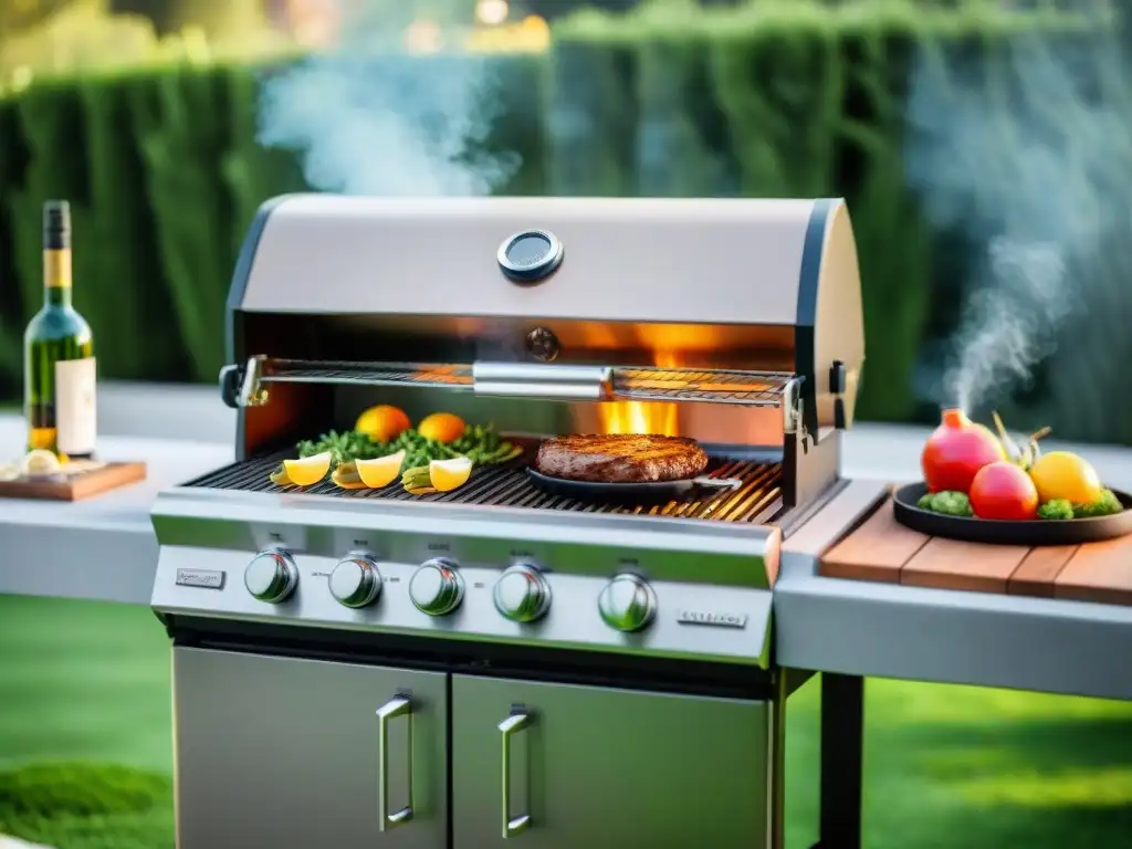 Parrilla de alta gama tecnología brillando al sol en un patio verde lujoso