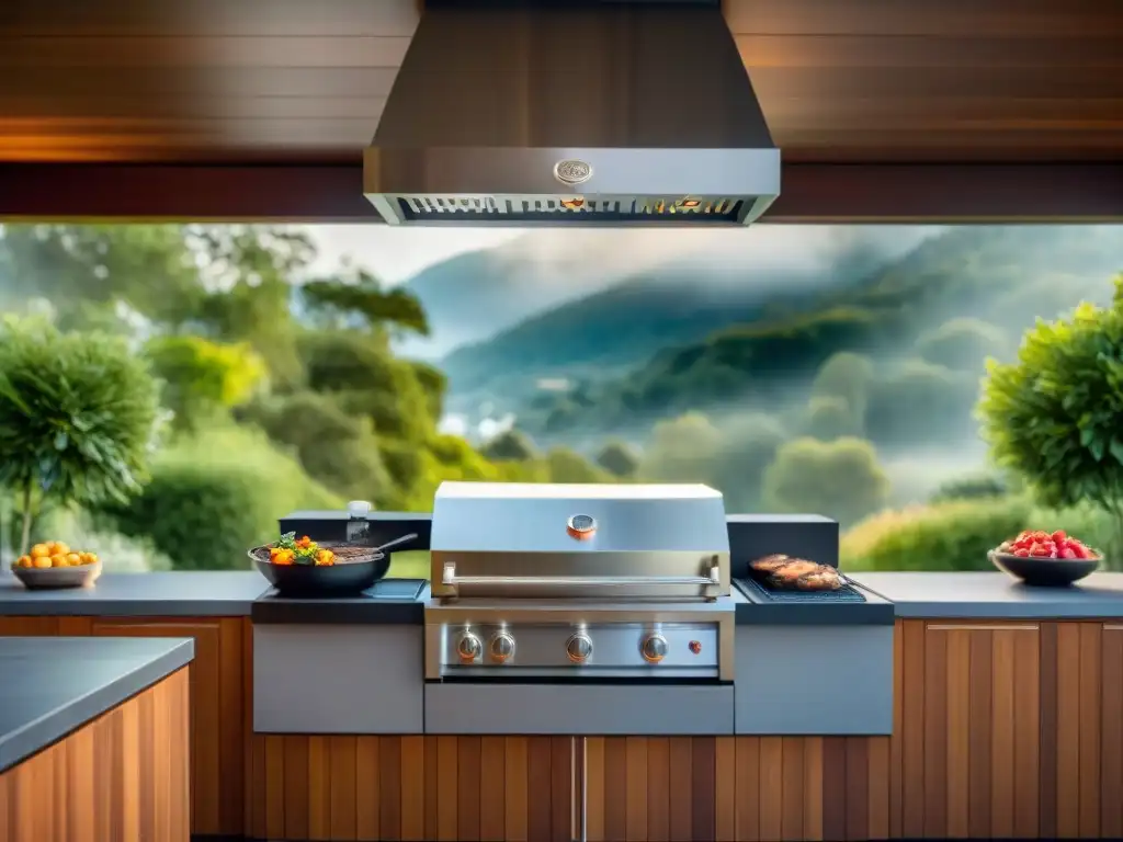 Parrilla de alta gama tecnología en lujoso entorno de cocina exterior con vista a jardín exuberante